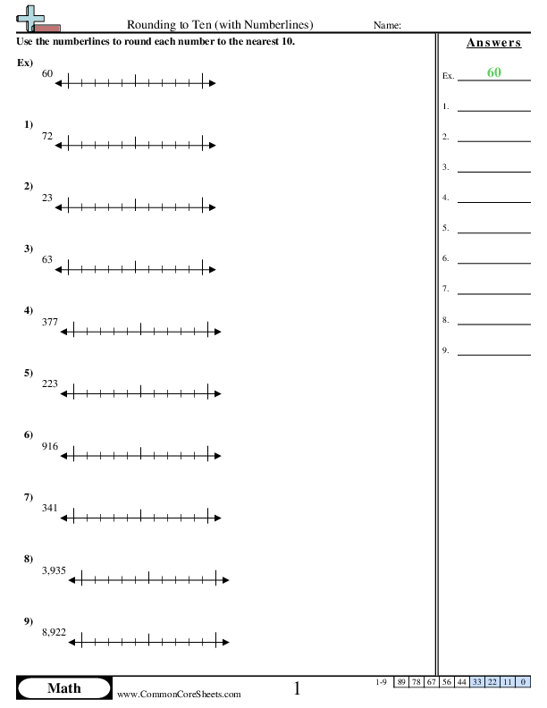 Rounding Worksheets - Rounding to Tens with Numberline worksheet